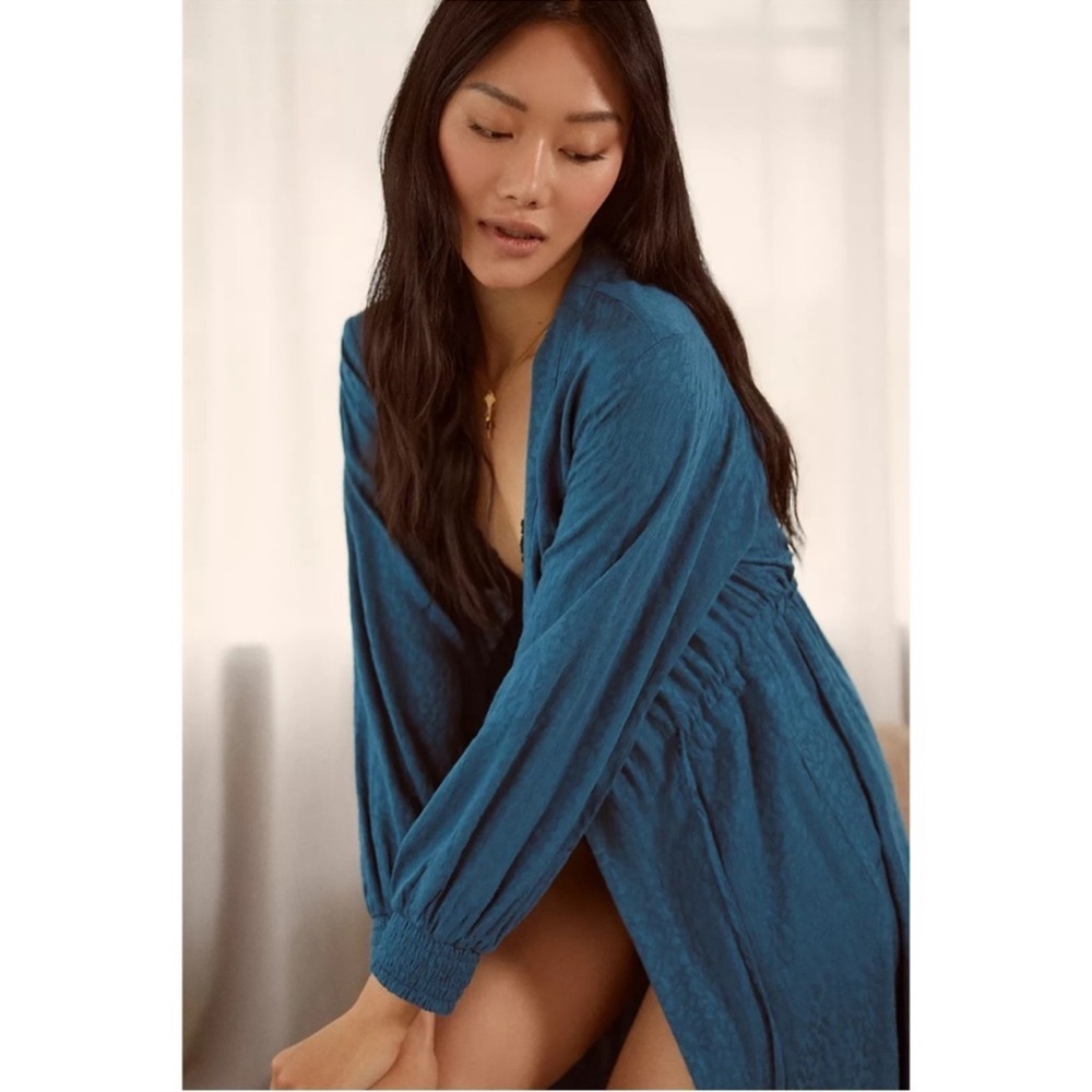 Anthropologie Blue Smocked Waist Maxi Dress Robe Boho Lounge Size L/XL NWT - Picture 13 of 13